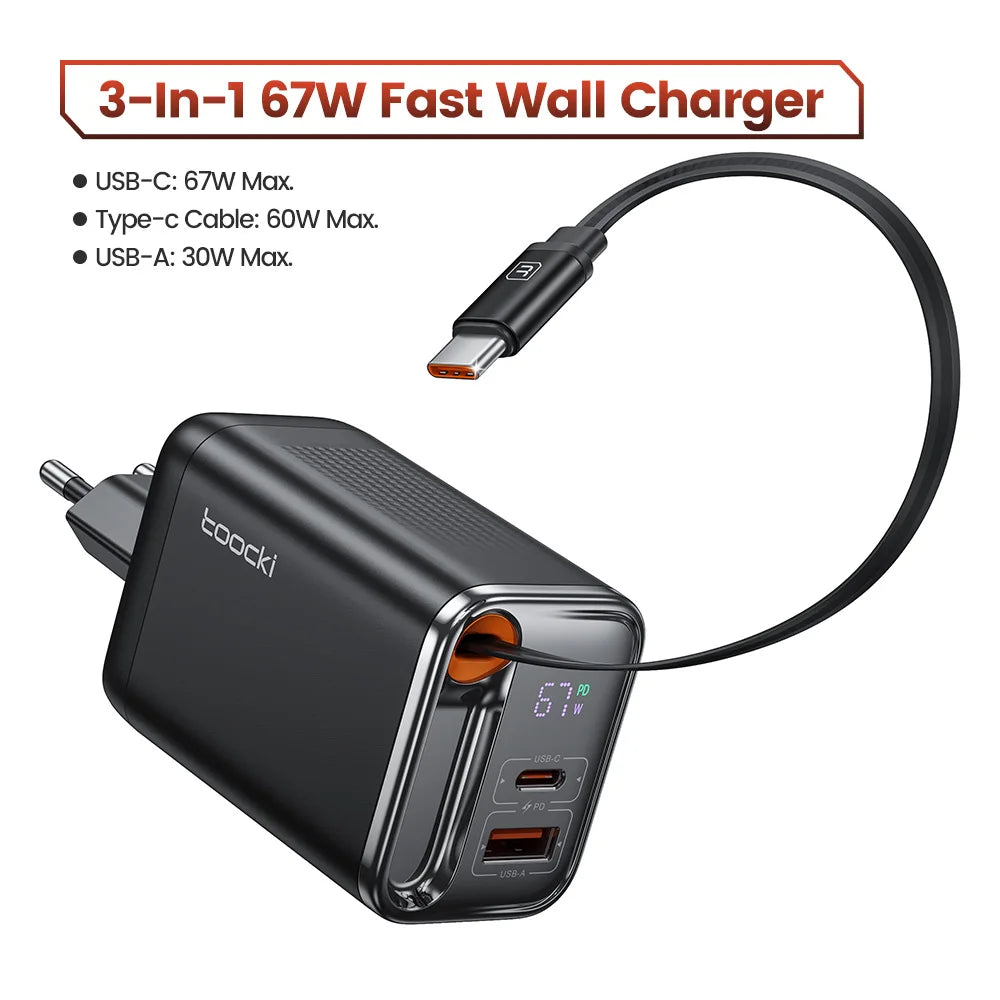 Cargador Gan 67W USB-C Con Cable Retráctil - Carga Rápida Universal