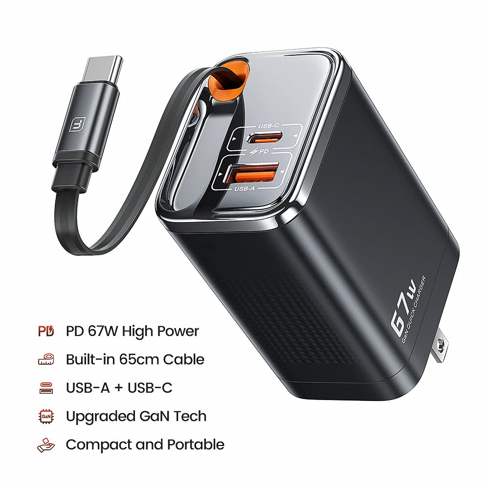 Cargador Gan 67W USB-C Con Cable Retráctil - Carga Rápida Universal