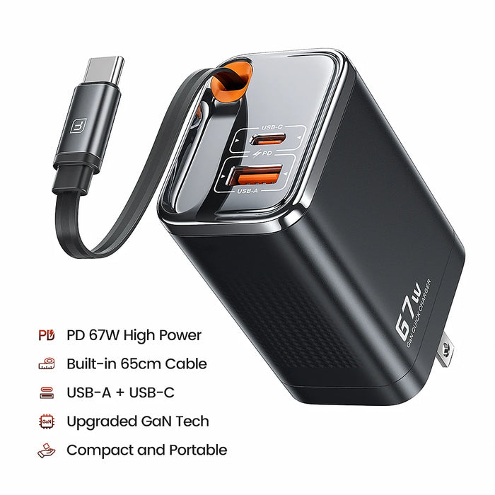 Cargador Gan 67W USB-C Con Cable Retráctil - Carga Rápida Universal