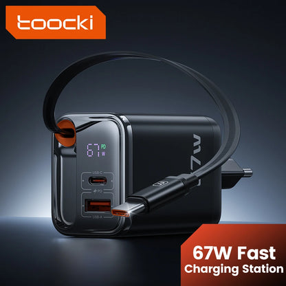 Cargador Gan 67W USB-C Con Cable Retráctil - Carga Rápida Universal