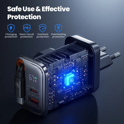 Cargador Gan 67W USB-C Con Cable Retráctil - Carga Rápida Universal