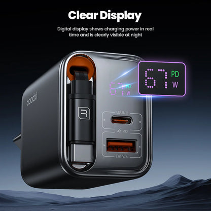 Cargador Gan 67W USB-C Con Cable Retráctil - Carga Rápida Universal