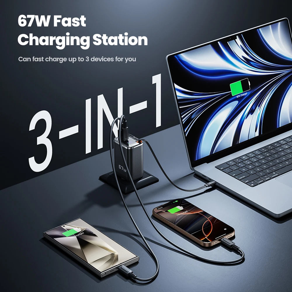 Cargador Gan 67W USB-C Con Cable Retráctil - Carga Rápida Universal